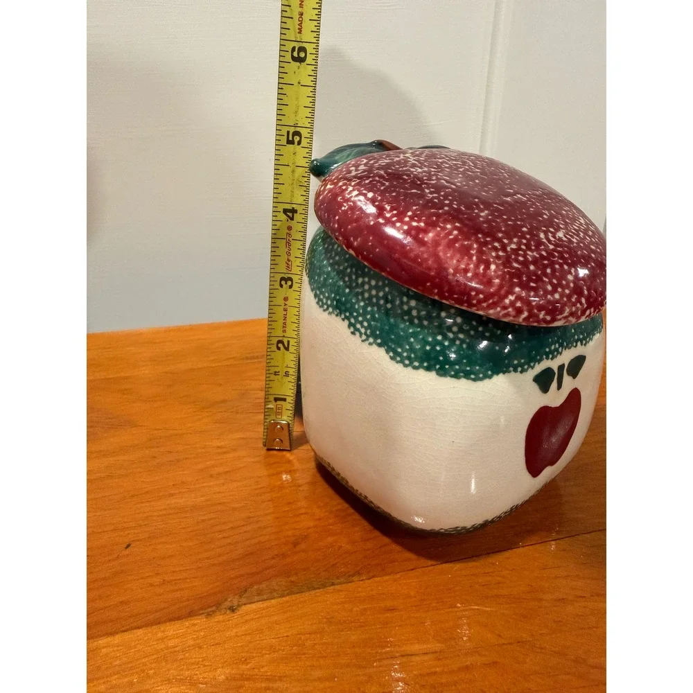 Vintage Hand Painted Ceramic Apple Canister Jar with Lid Red Green Farmhouse